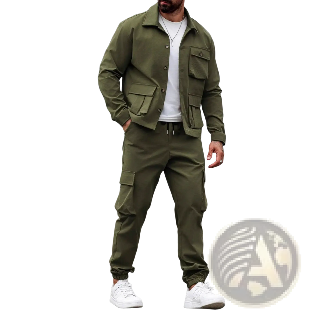 Olive green men vintage cargo utility jacket with multiple flap pockets and button closures for outdoor use