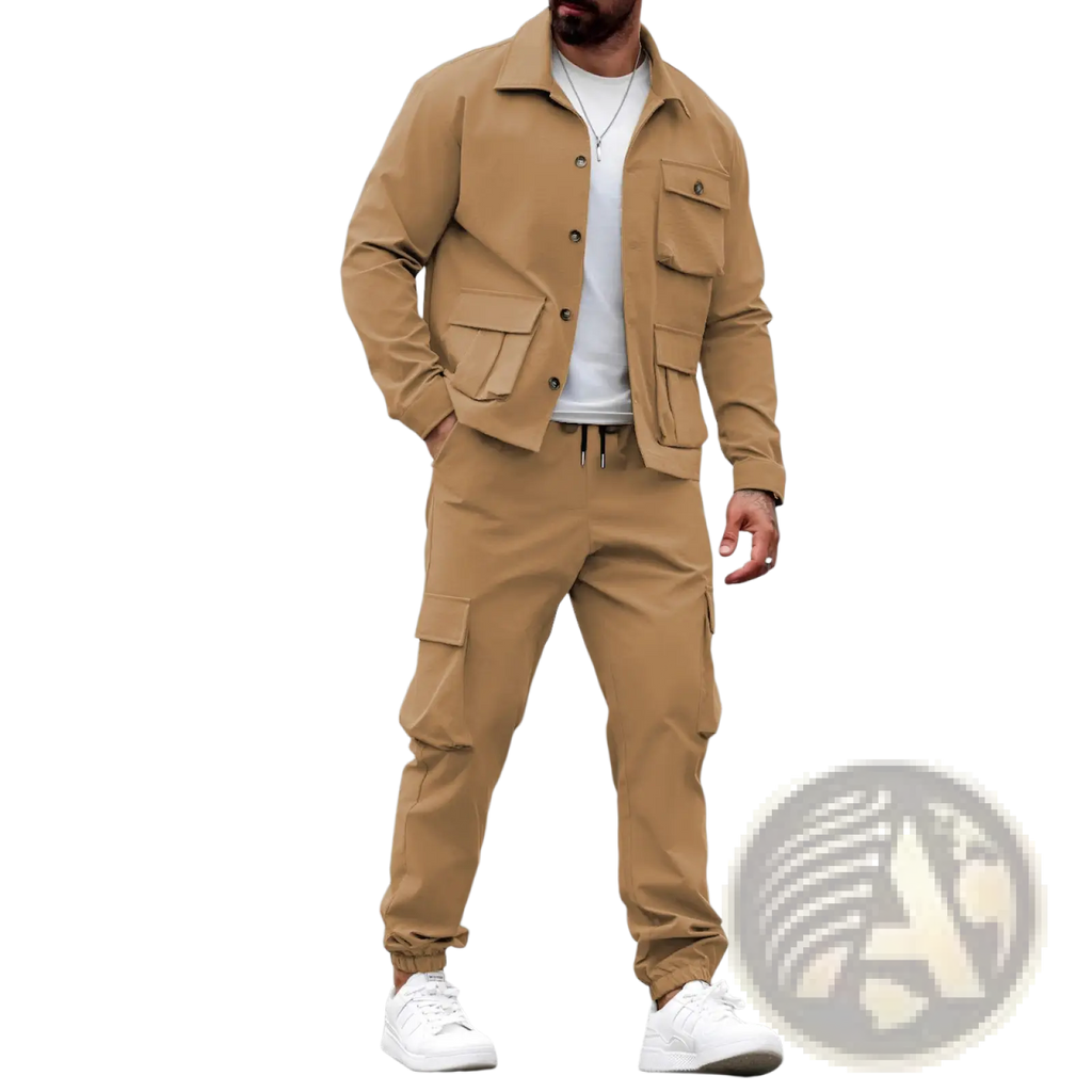 Men vintage tan utility jacket with multiple flap pockets and matching cargo pants in durable fabric suit
