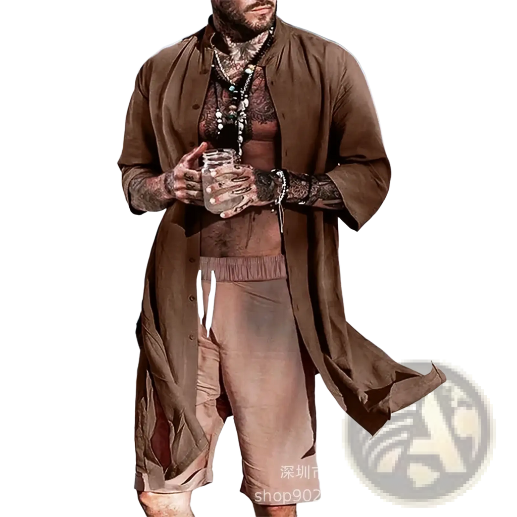 Men vintage cotton trench coat brown linen long coat with button front and relaxed fit for streetwear use
