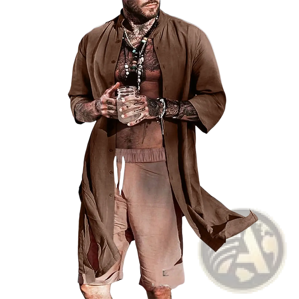 Men vintage cotton trench coat long streetwear brown long-sleeved open-front beach coat with relaxed fit and button details