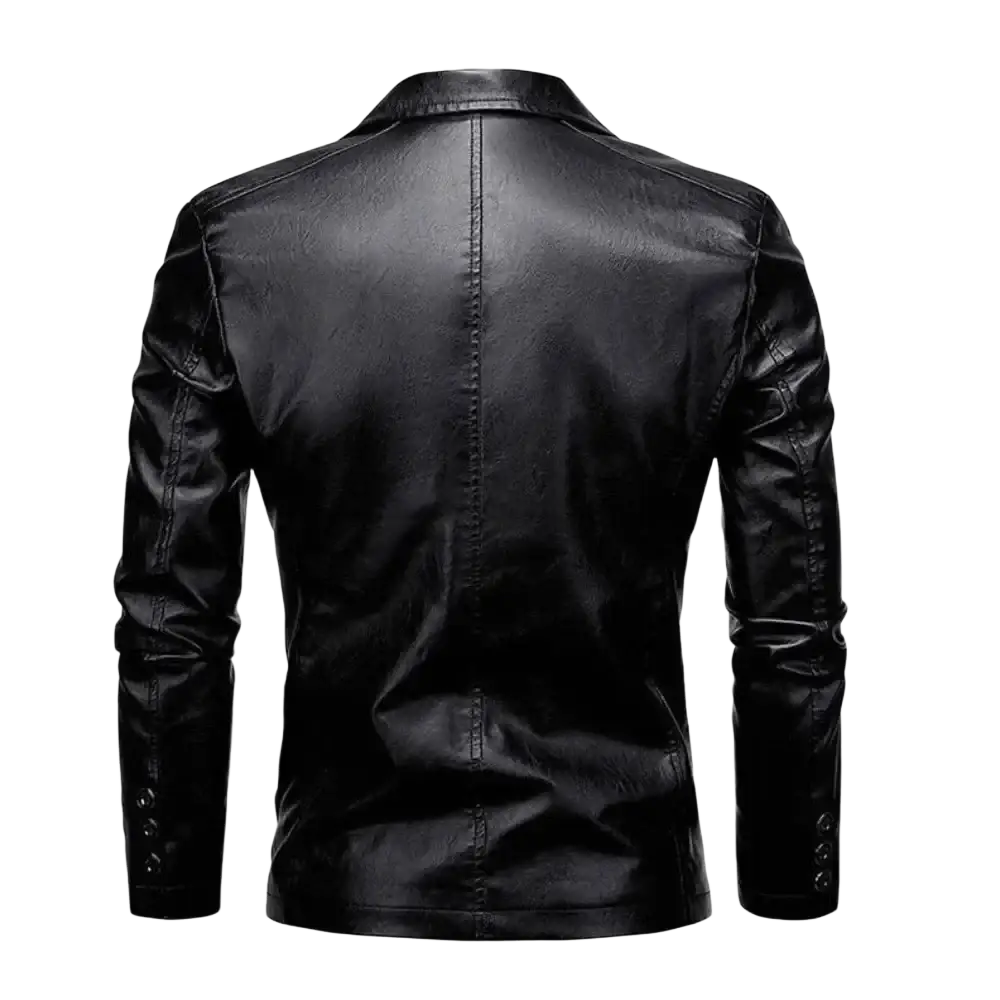 Men vintage faux leather blazer jacket in black with classic collar and buttoned cuffs for stylish outerwear