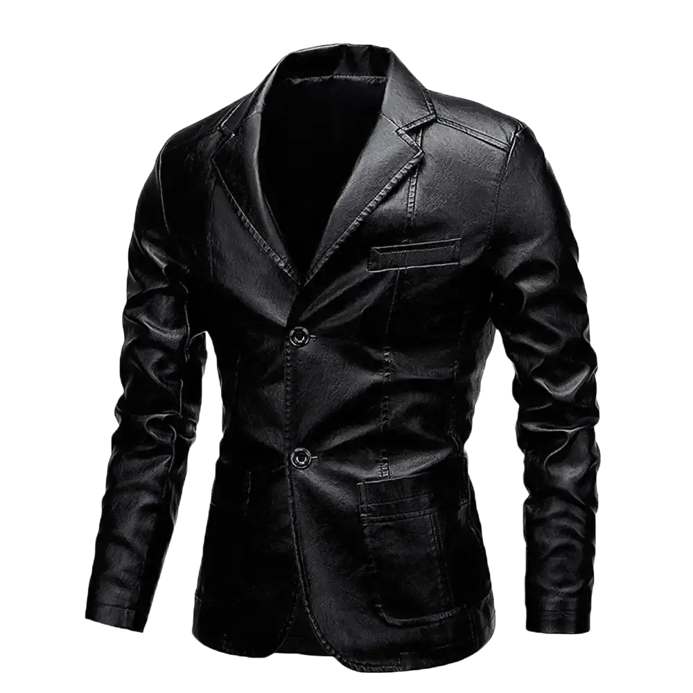 Men vintage black faux leather blazer jacket with a sleek tailored fit and two front buttons