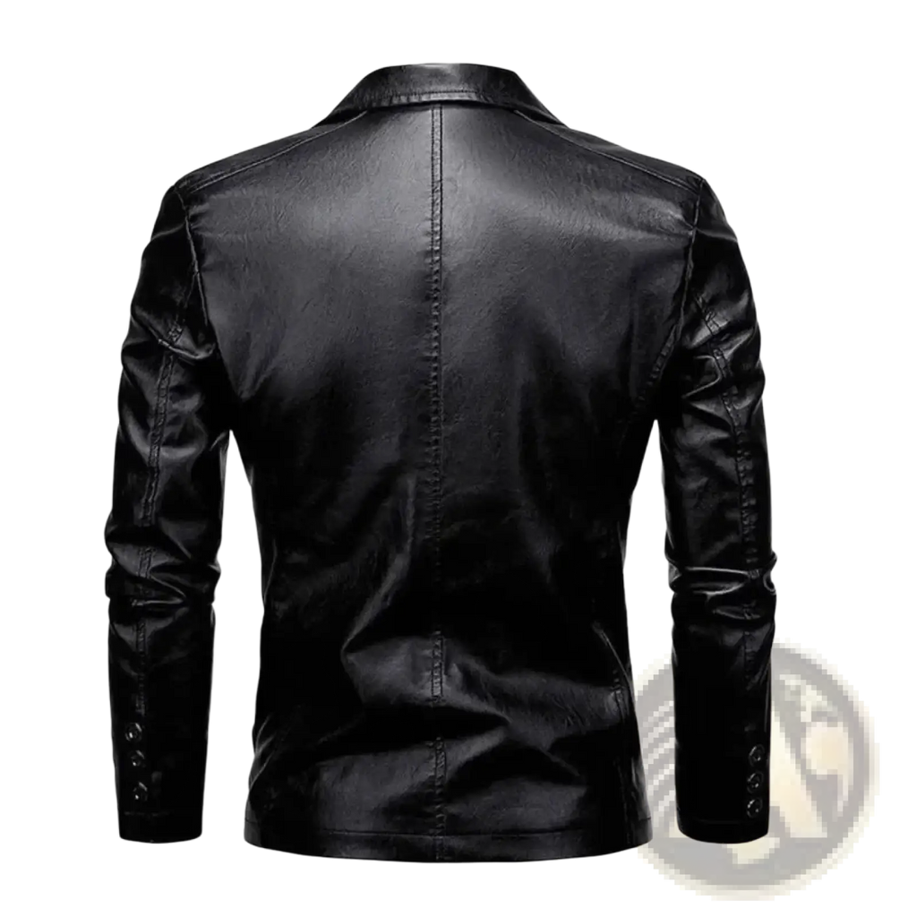 Men vintage faux leather blazer jacket in black with classic collar and buttoned cuffs for stylish outerwear