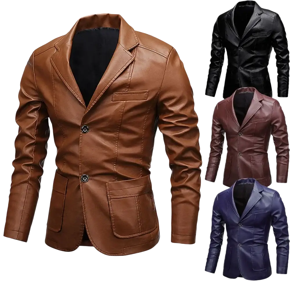 Men vintage faux leather blazer jacket in brown with black buttons and two front pockets for stylish wear