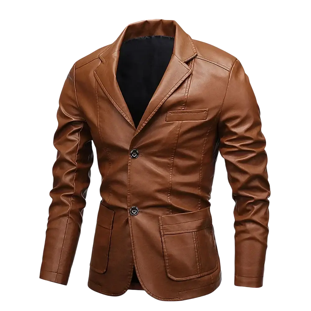 Men vintage brown faux leather blazer jacket with classic double-breasted design and black buttons