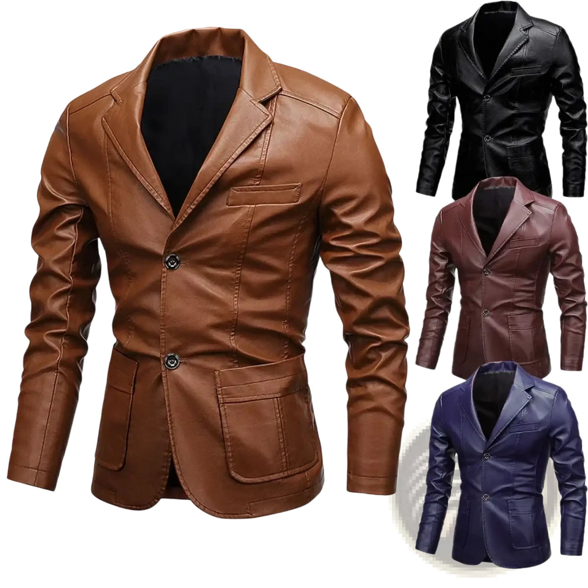 Men vintage faux leather blazer jacket in brown with black buttons and two front pockets for stylish wear