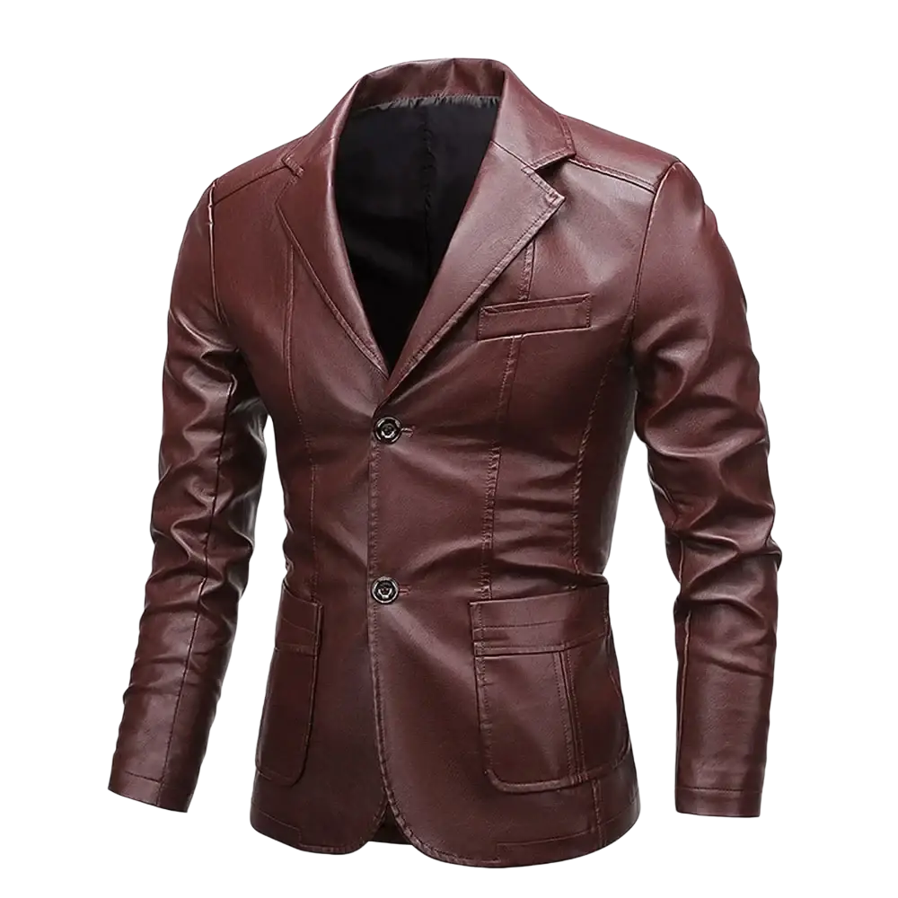 Men vintage faux leather blazer jacket in sleek dark brown with a classic double-breasted design and front pockets