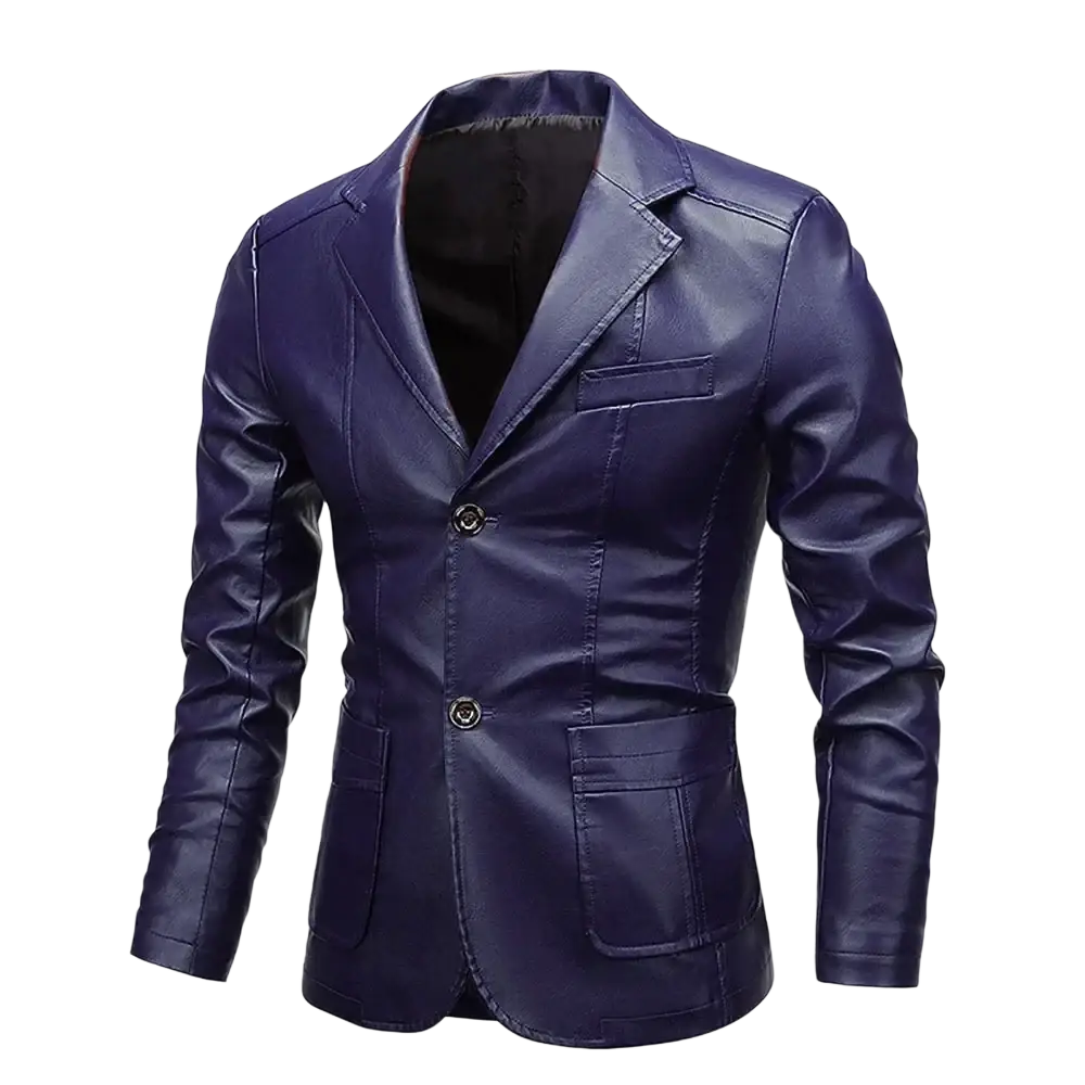 Men vintage faux leather blazer jacket in sleek navy blue with double-breasted design and two front pockets