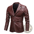 Men vintage faux leather blazer jacket in sleek dark brown with a classic double-breasted design and front pockets