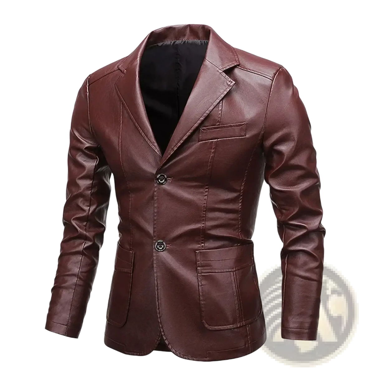 Men vintage faux leather blazer jacket in sleek dark brown with a classic double-breasted design and front pockets