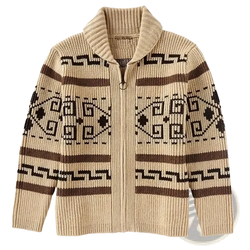 Men vintage geometric zip cardigan sweater in beige and brown knit with ribbed collar and cuffs