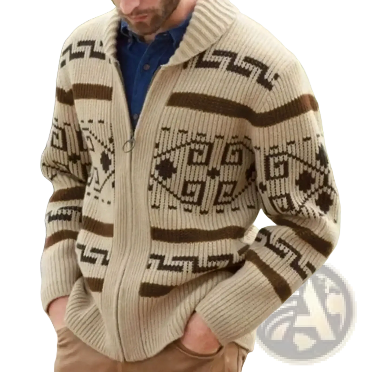 Men vintage zip-up cardigan sweater featuring beige and brown geometric knit pattern in a warm knit material