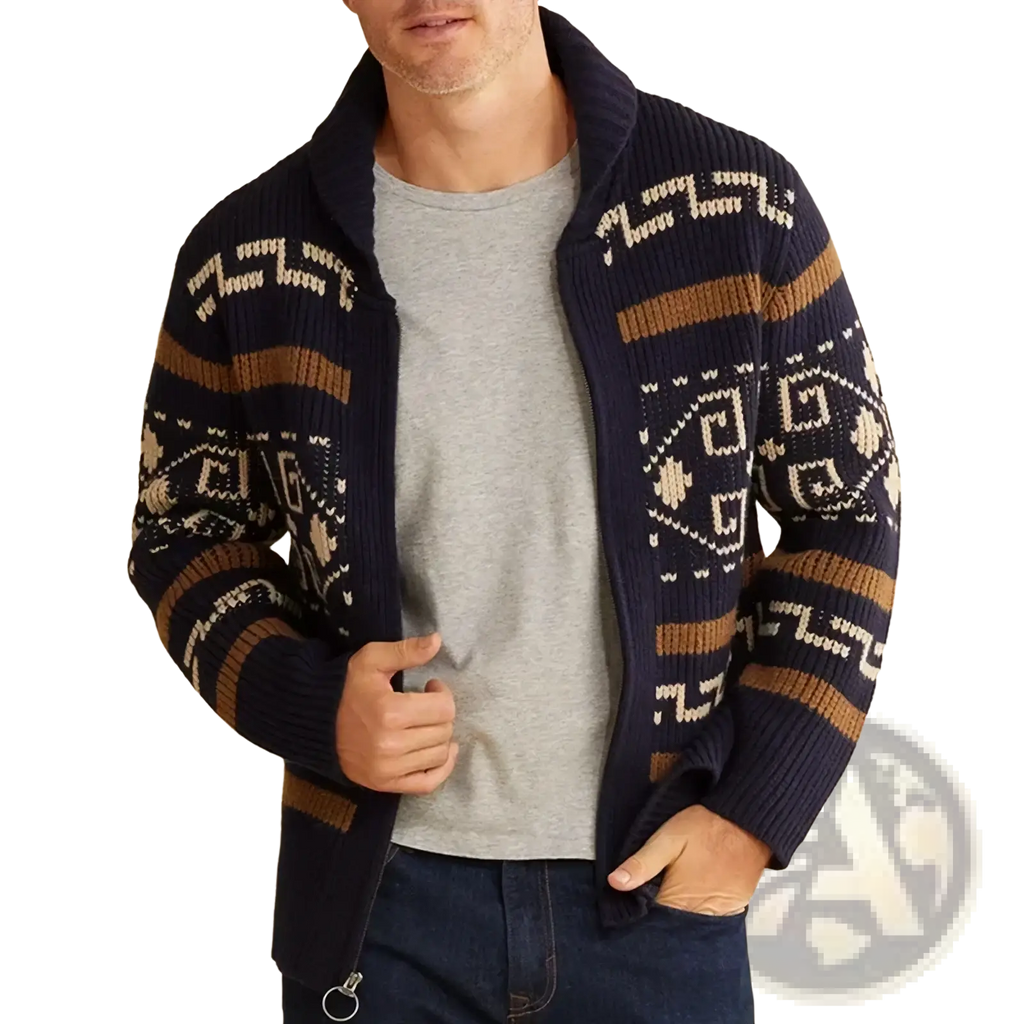 Men vintage geometric zip cardigan sweater navy blue knitted with beige and brown patterns and ribbed cuffs
