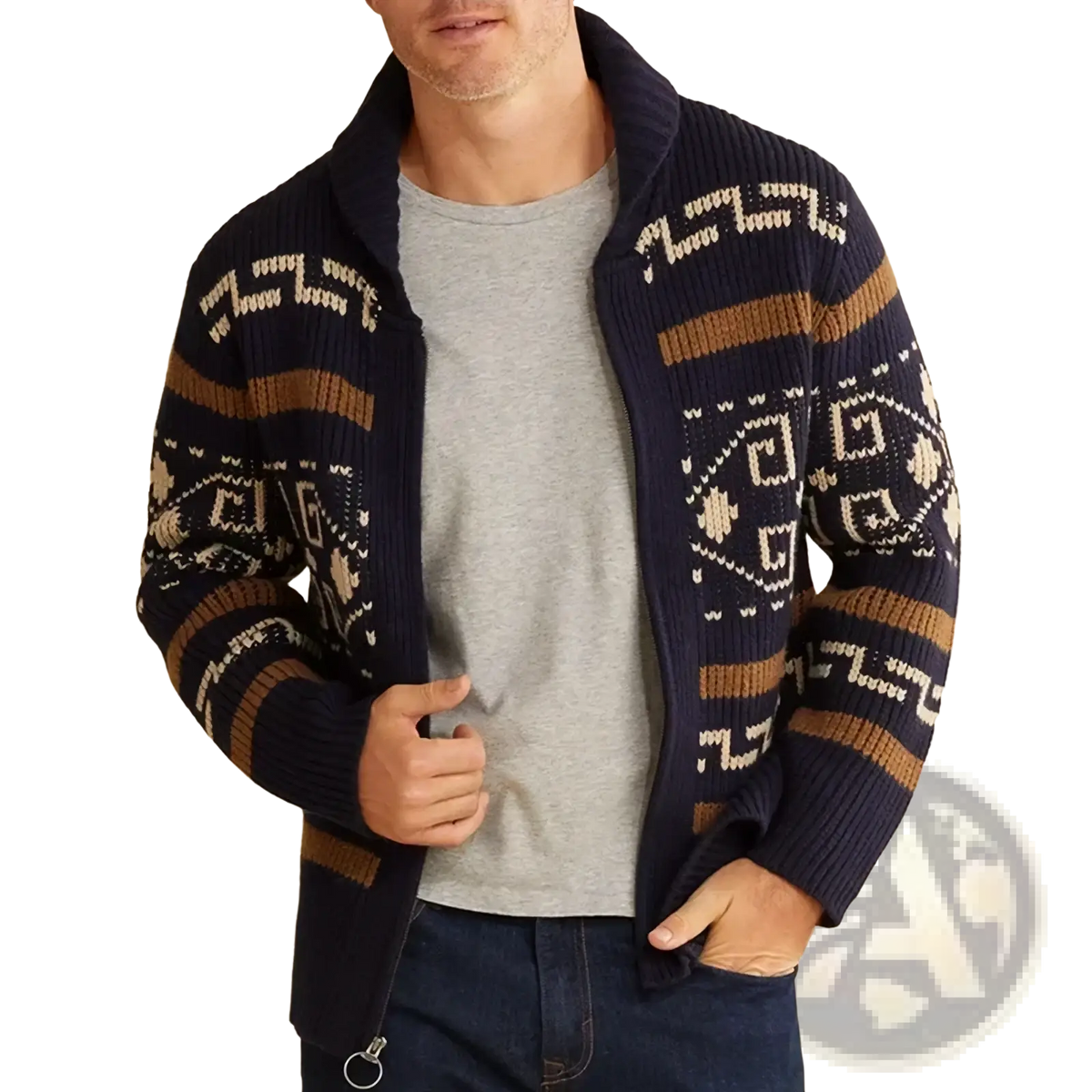 Men vintage geometric zip cardigan sweater navy blue knitted with beige and brown patterns and ribbed cuffs