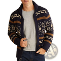 Men vintage geometric zip cardigan sweater in navy blue knitted fabric with beige and brown patterns and ribbed cuffs