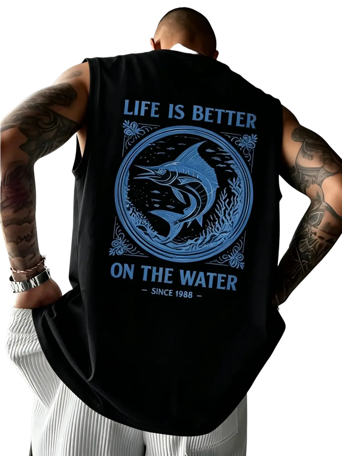 Black sleeveless tank top with blue marlin graphic and life is better on the water text vintage streetwear design