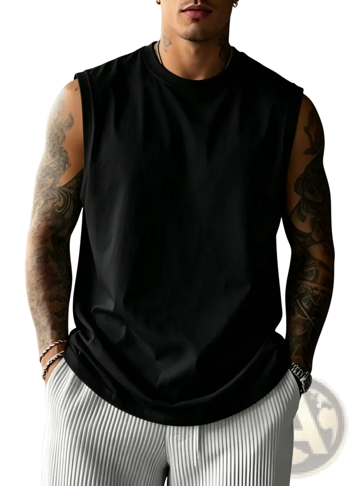 Black sleeveless cotton t-shirt with round neckline and relaxed fit for men vintage graphic tank top streetwear