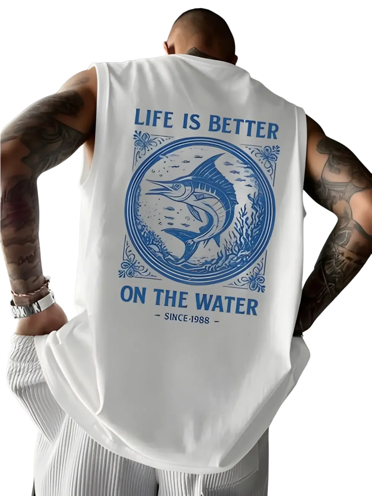 White sleeveless tank top with blue marlin graphic and life is better on the water text vintage streetwear design