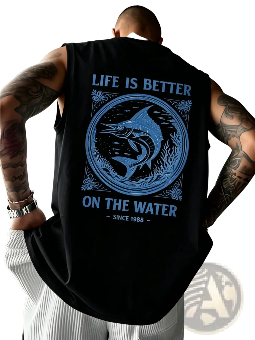Black sleeveless tank top with blue marlin graphic and life is better on the water text vintage streetwear design
