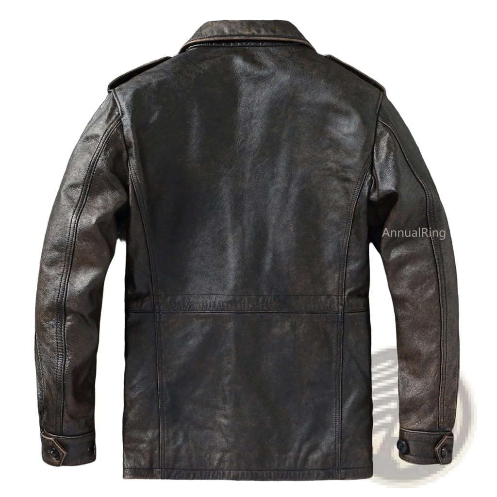 Men vintage leather trench coat in dark brown with classic slightly worn texture and visible stitching along seams