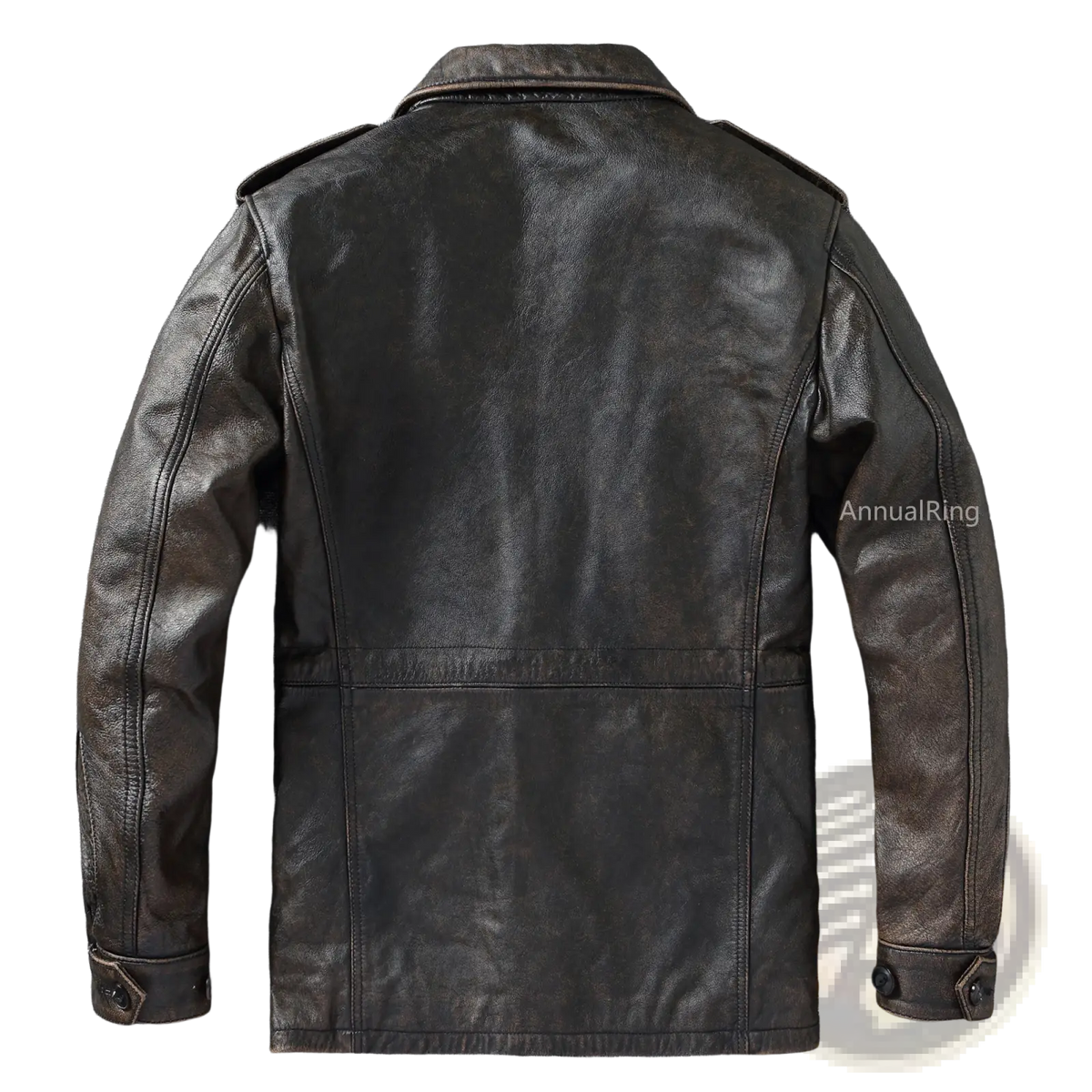 Men vintage leather trench coat in dark brown with classic slightly worn texture and visible stitching along seams