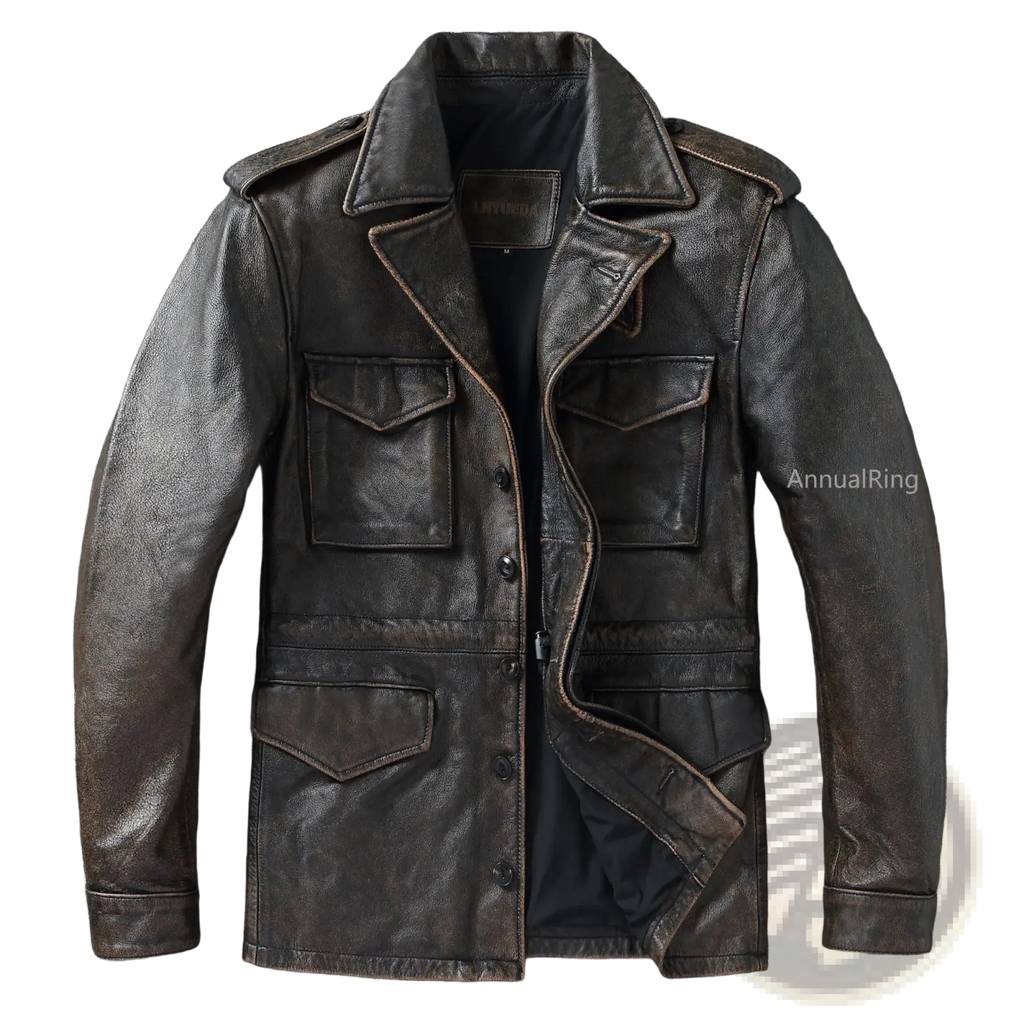 Men vintage leather trench coat in dark brown with rugged design and multiple flap pockets made of genuine leather