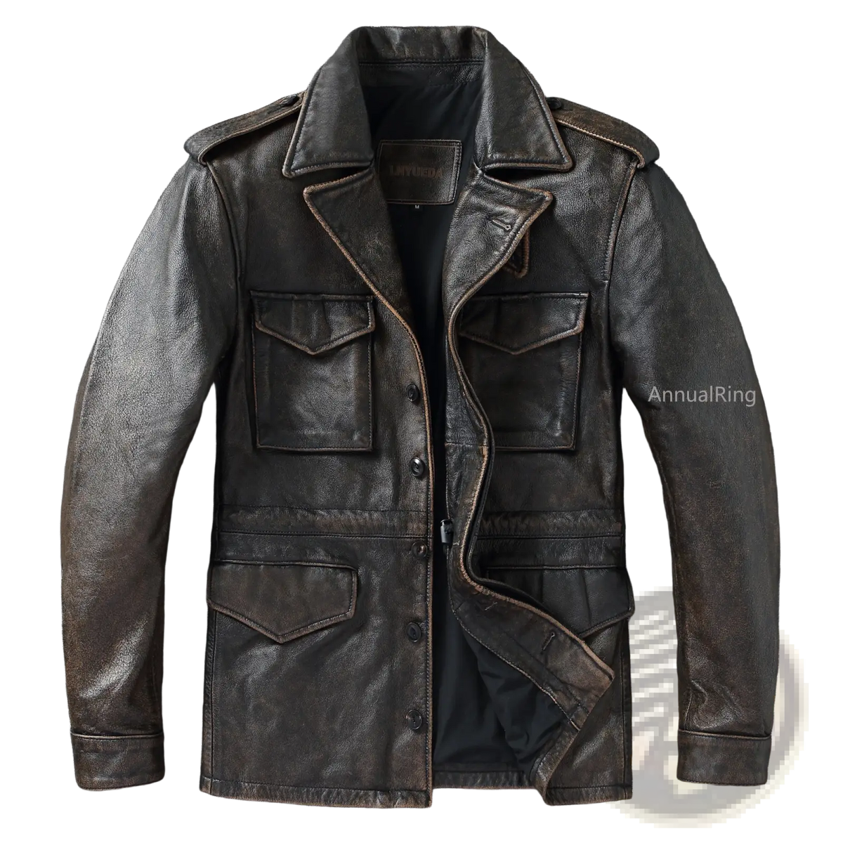 Men vintage leather trench coat in dark brown with rugged design and multiple flap pockets made of genuine leather