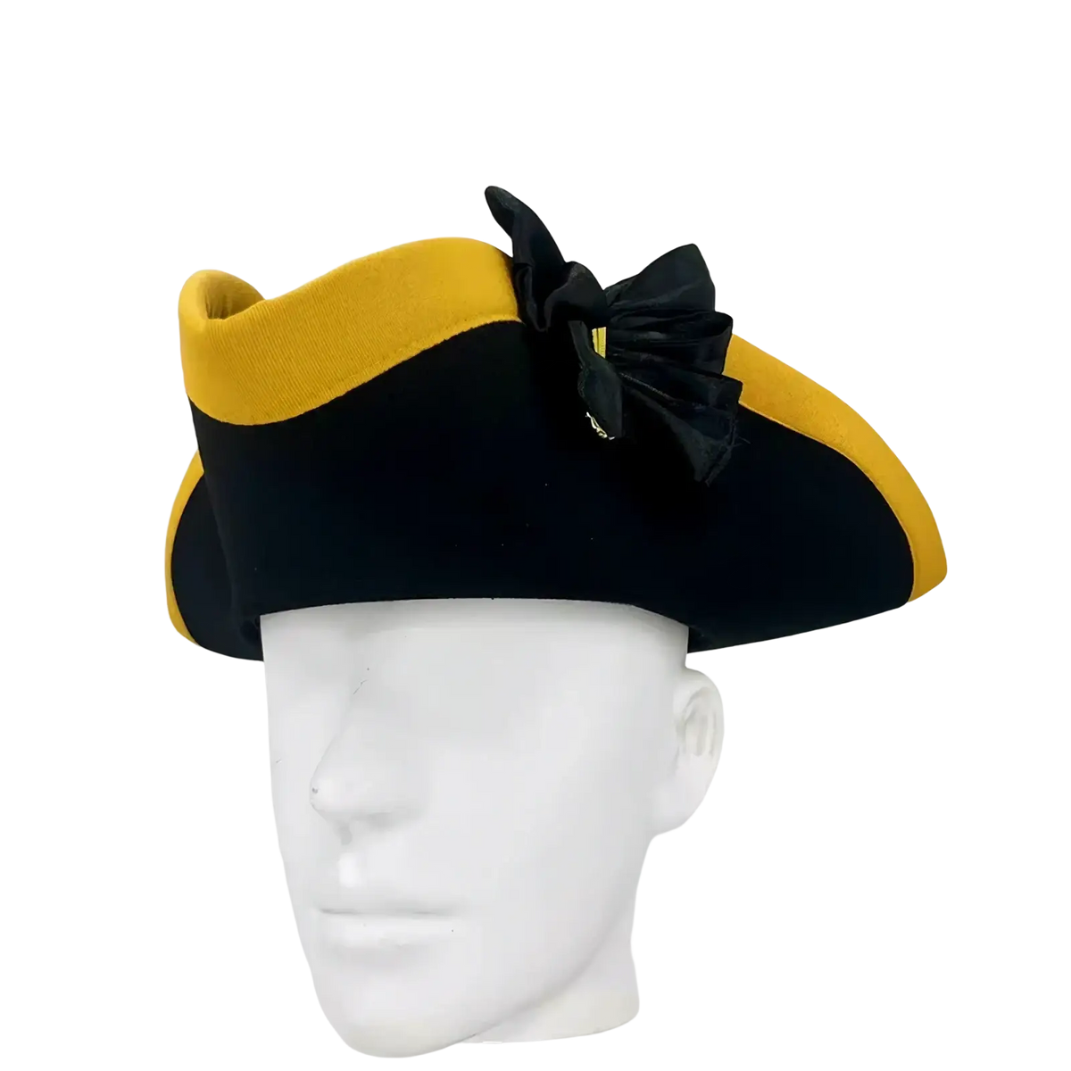 Men vintage tricorn hat in black and gold with black satin bow 18th century costume cap
