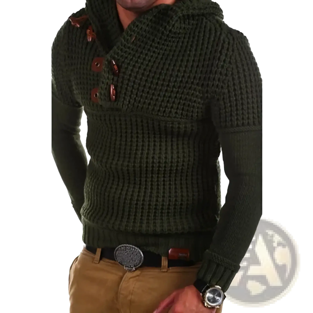Dark green knitted hooded sweater with textured pattern and brown wooden buttons for men waffle knit style