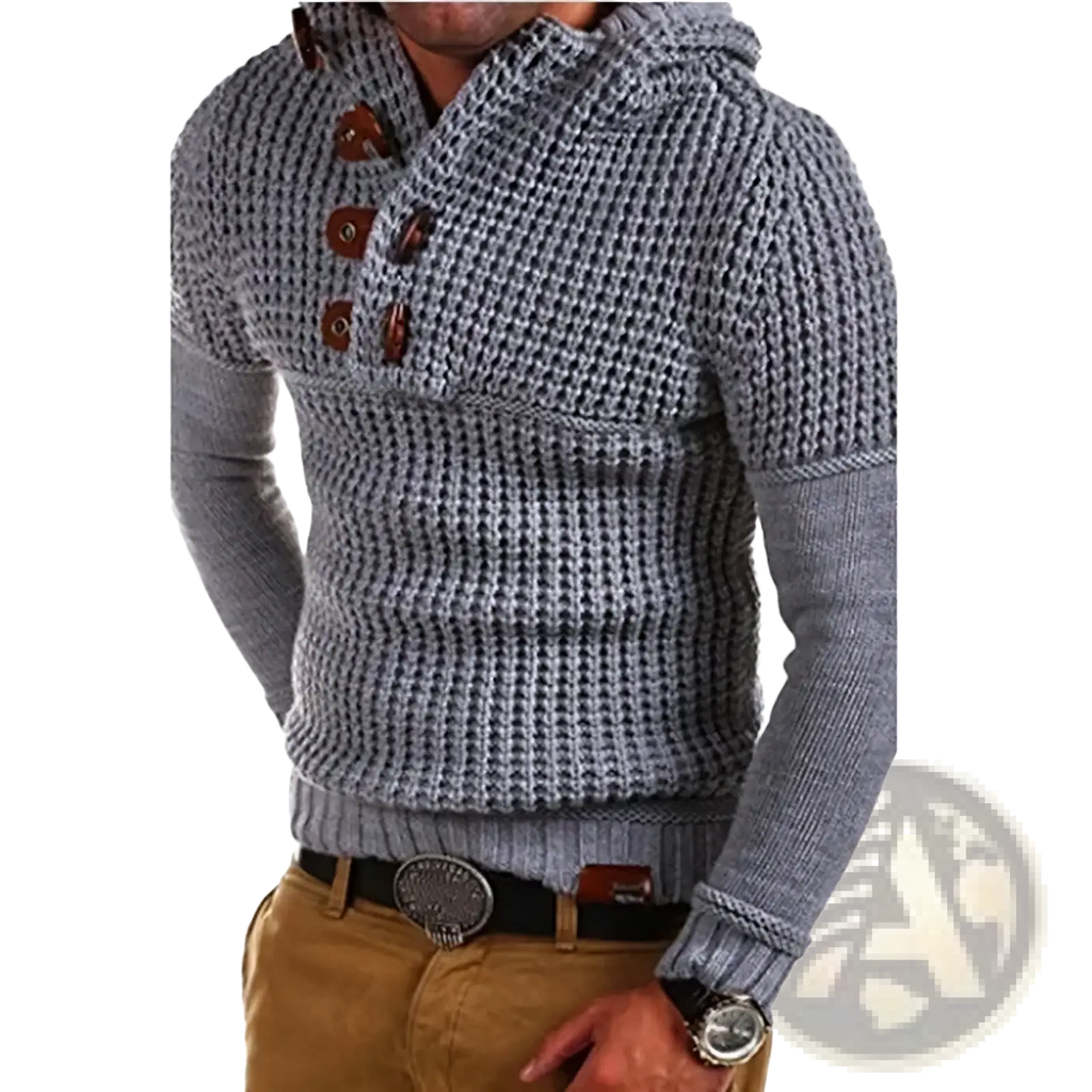 Men waffle knit hooded sweater gray featuring a textured waffle-knit pattern and brown leather buttons