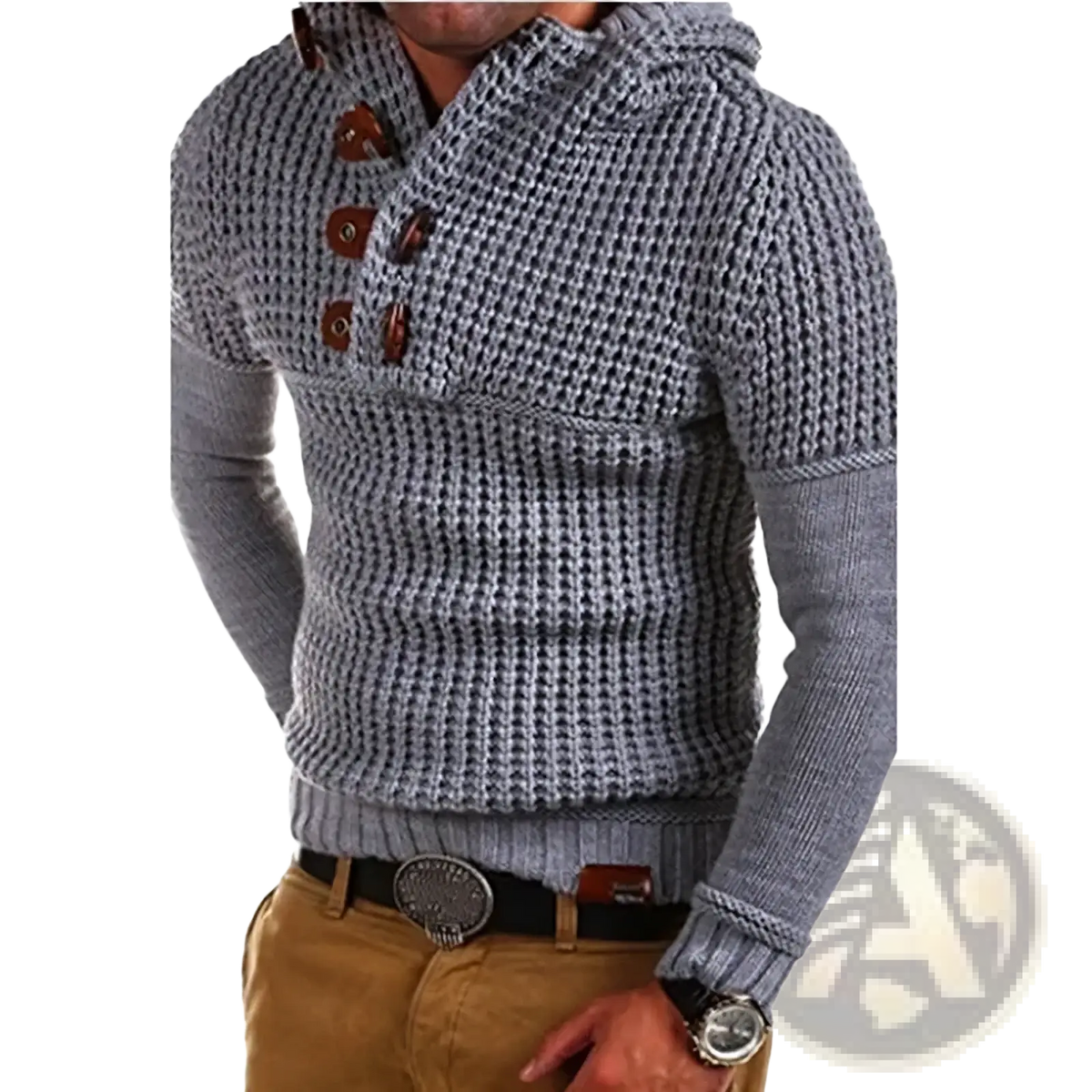 Men waffle knit hooded sweater gray featuring a textured waffle knit pattern and brown leather buttons