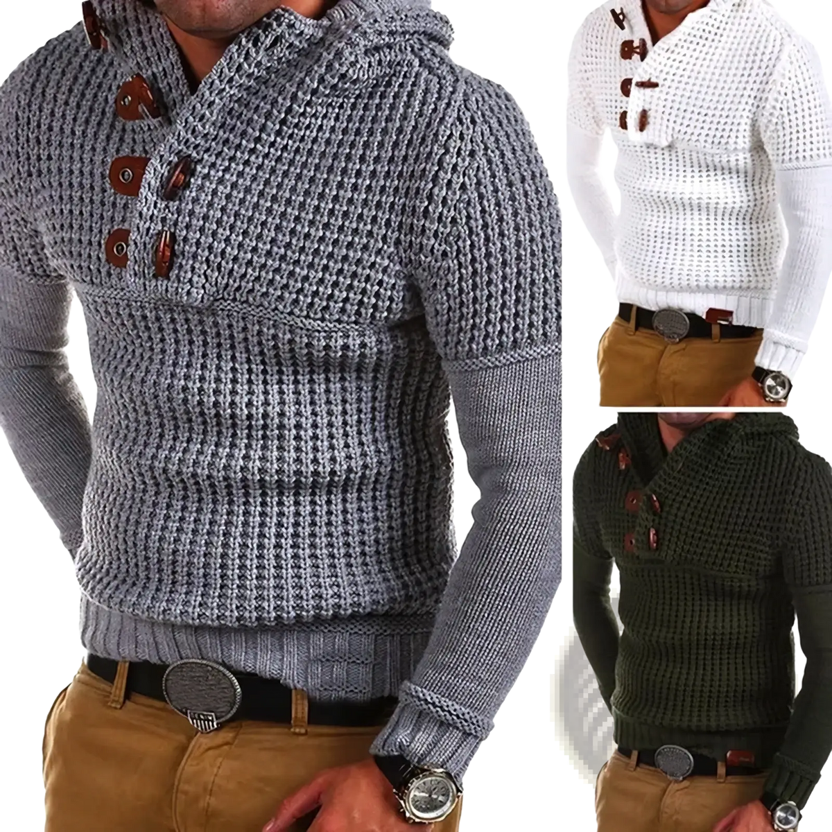 Men waffle knit hooded sweater gray in textured gray knit with waffle weave and brown leather buttons