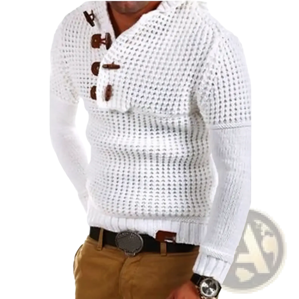 Men waffle knit hooded sweater in gray with a white textured knit pattern and brown wooden toggle buttons