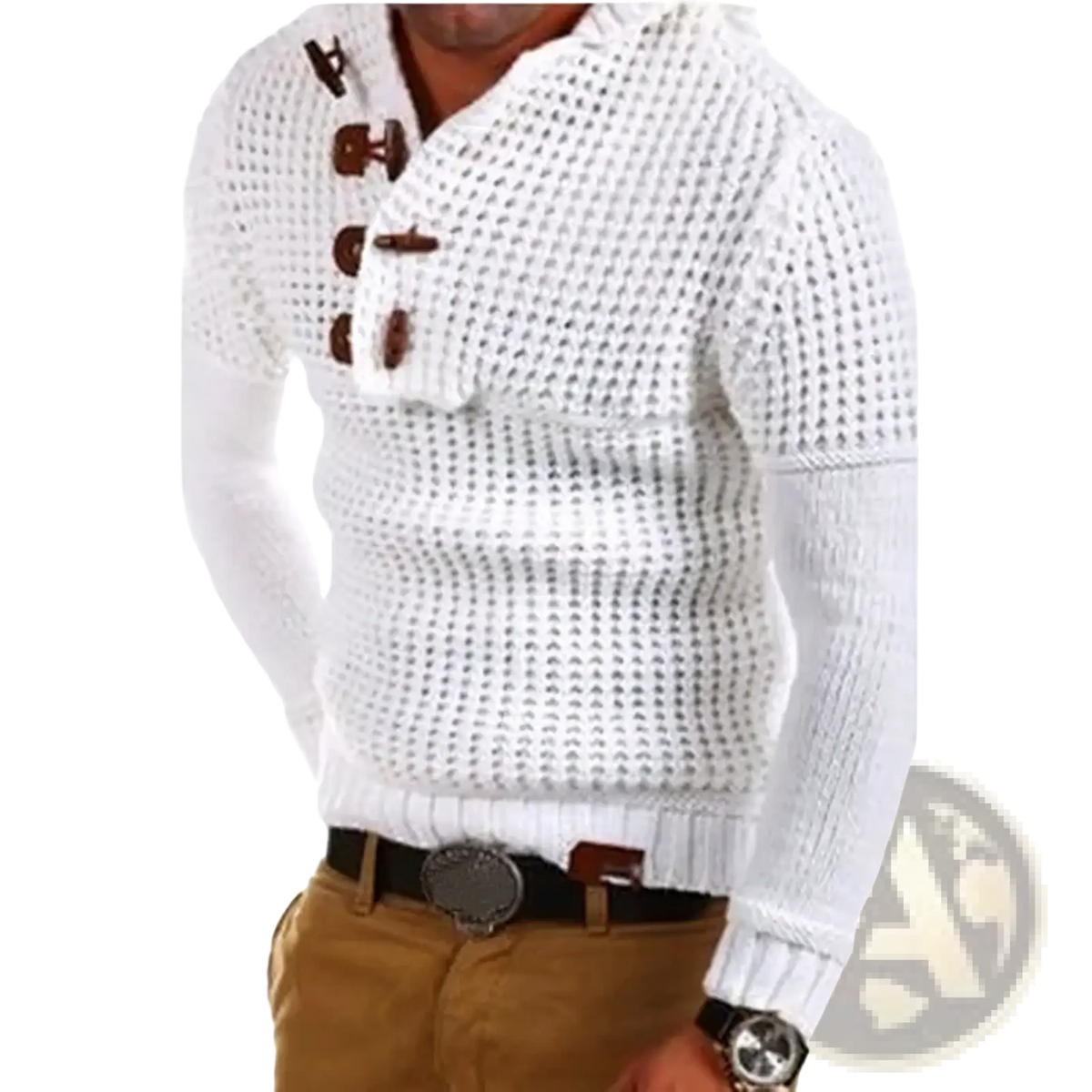 Men waffle knit hooded sweater in gray with a white textured knit pattern and brown wooden toggle buttons