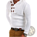Men waffle knit hooded sweater gray with white textured openwork pattern and dark brown wooden toggle buttons
