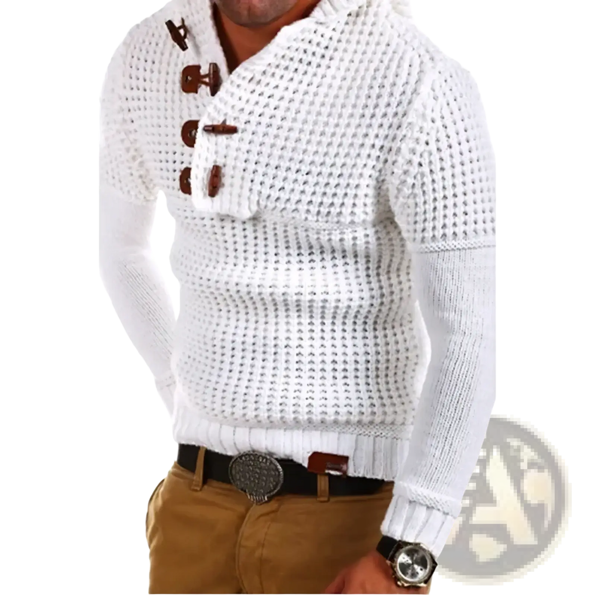 Men waffle knit hooded sweater gray with white textured openwork pattern and dark brown wooden toggle buttons