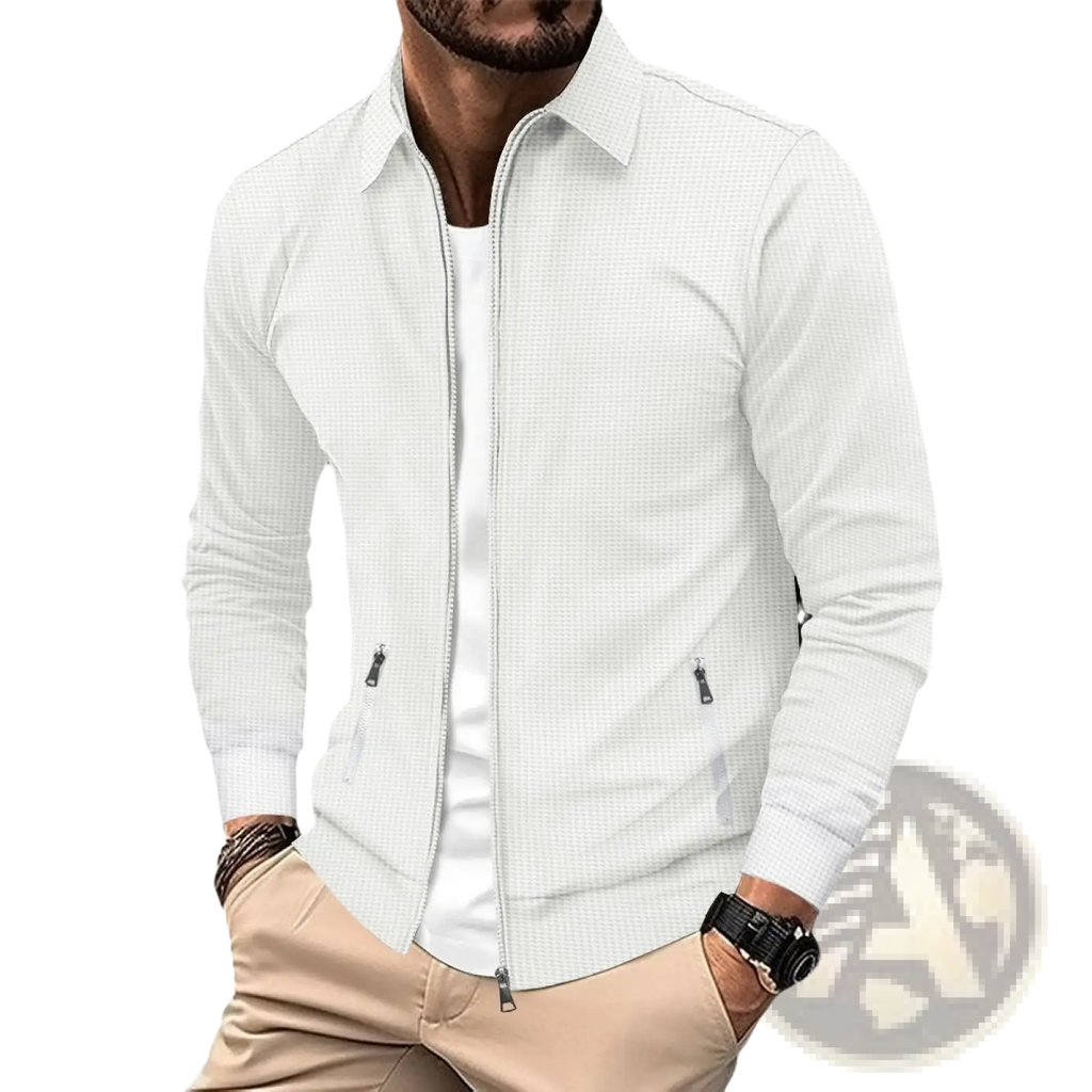 Men waffle knit zip cardigan jacket in white checkered pattern with subtle texture and side pockets long sleeve design