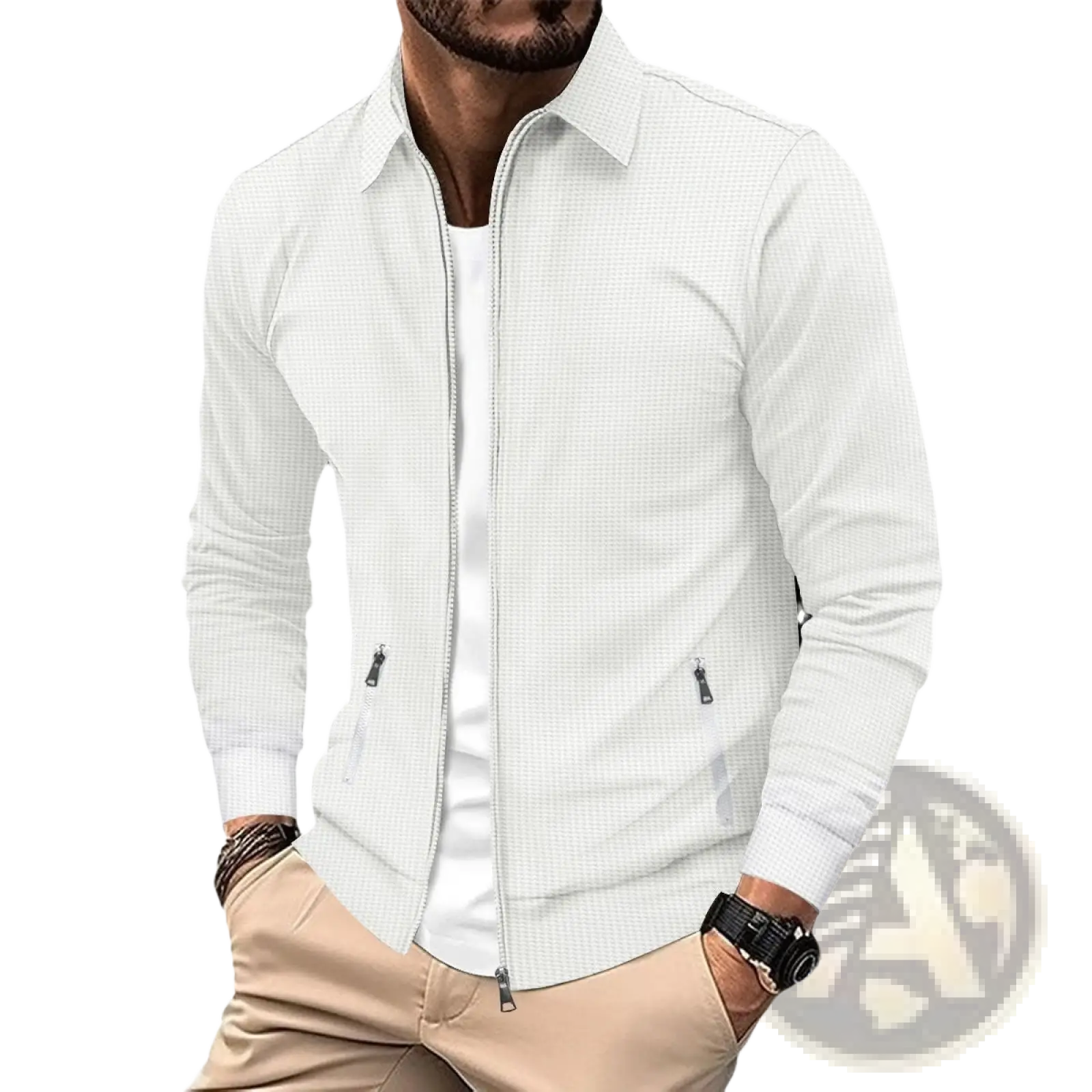 Men waffle knit zip cardigan jacket in white checkered pattern with subtle texture and side pockets long sleeve design