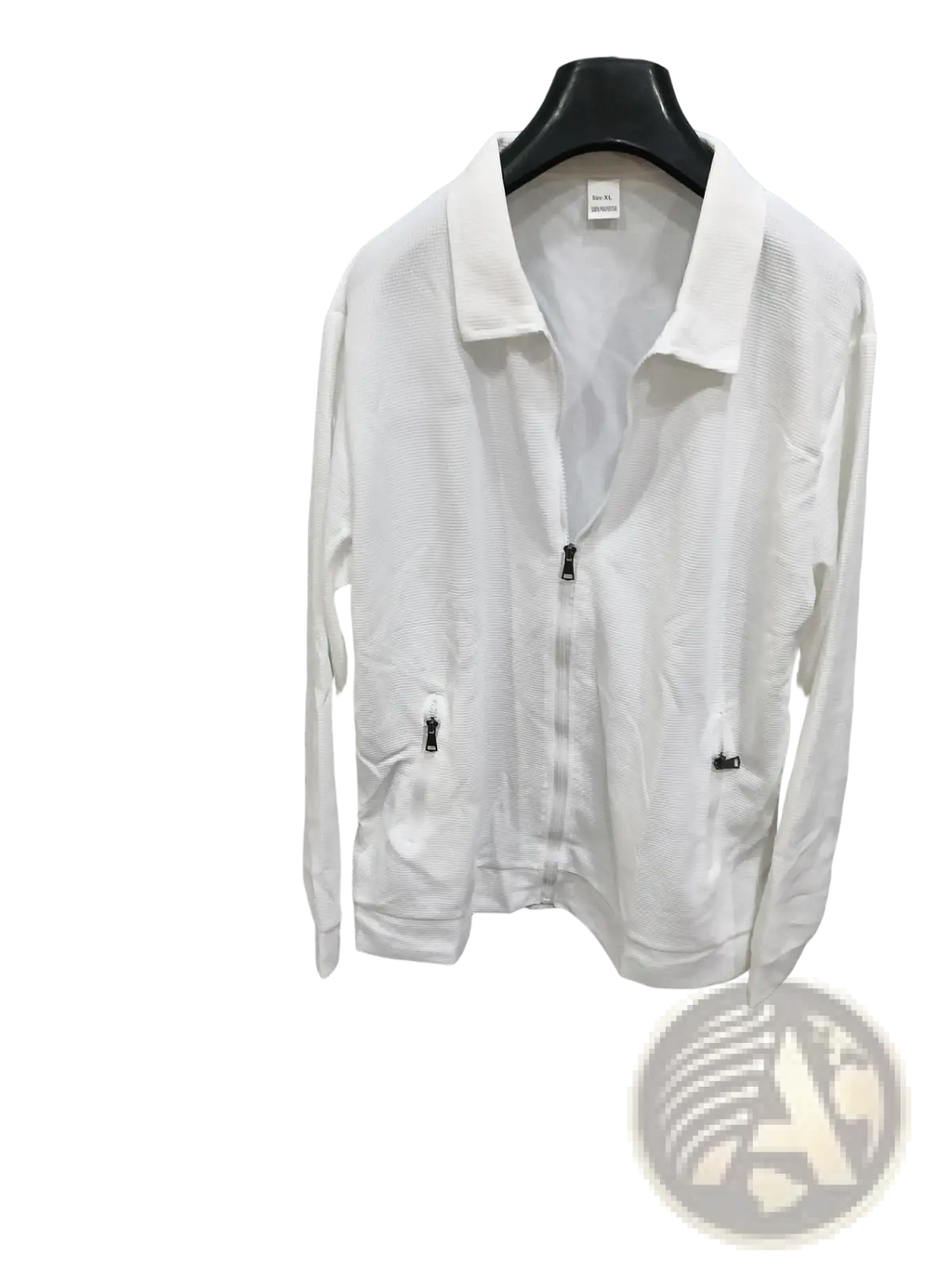 Men waffle knit zip cardigan jacket in white textured fabric with long sleeves black zipper pulls and two front pockets