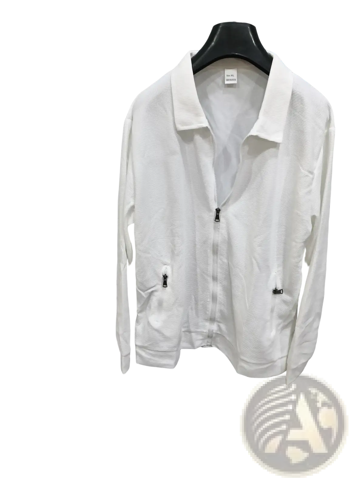 Men waffle knit zip cardigan jacket in white textured fabric with long sleeves black zipper pulls and two front pockets