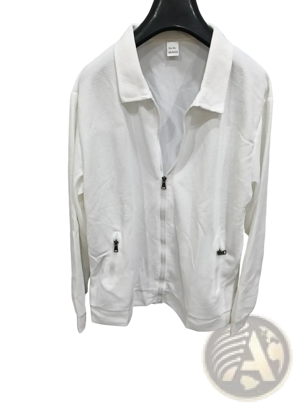Men waffle knit zip cardigan jacket in white with textured fabric black zipper pulls and two side pockets