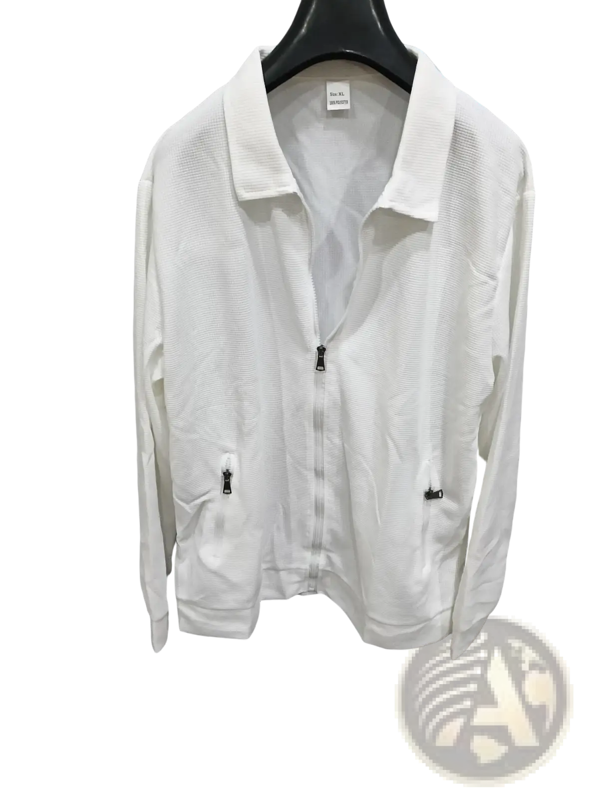 Men waffle knit zip cardigan jacket in white with textured fabric black zipper pulls and two side pockets