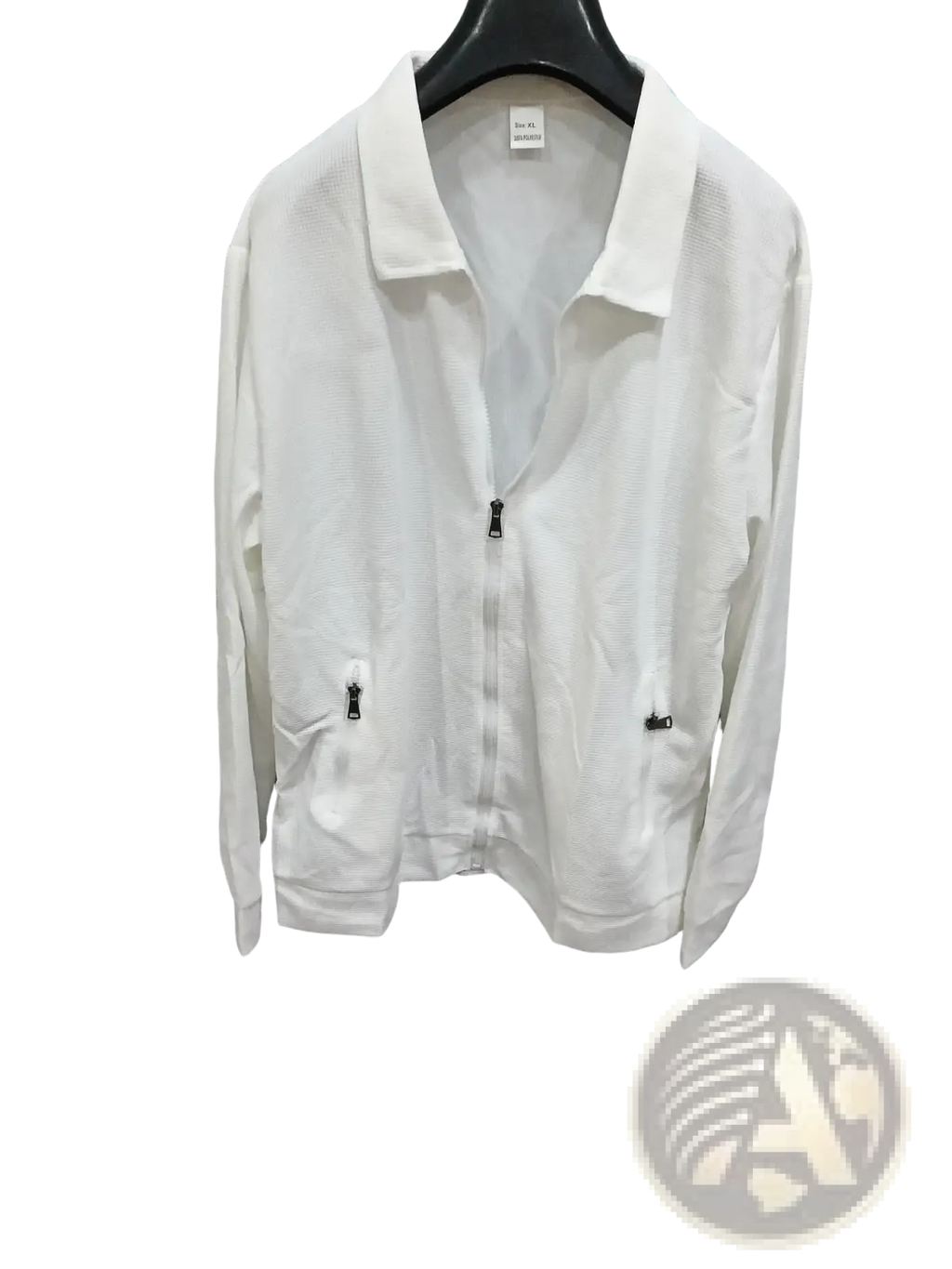 Men waffle knit zip cardigan jacket in white with textured fabric and black zipper accents