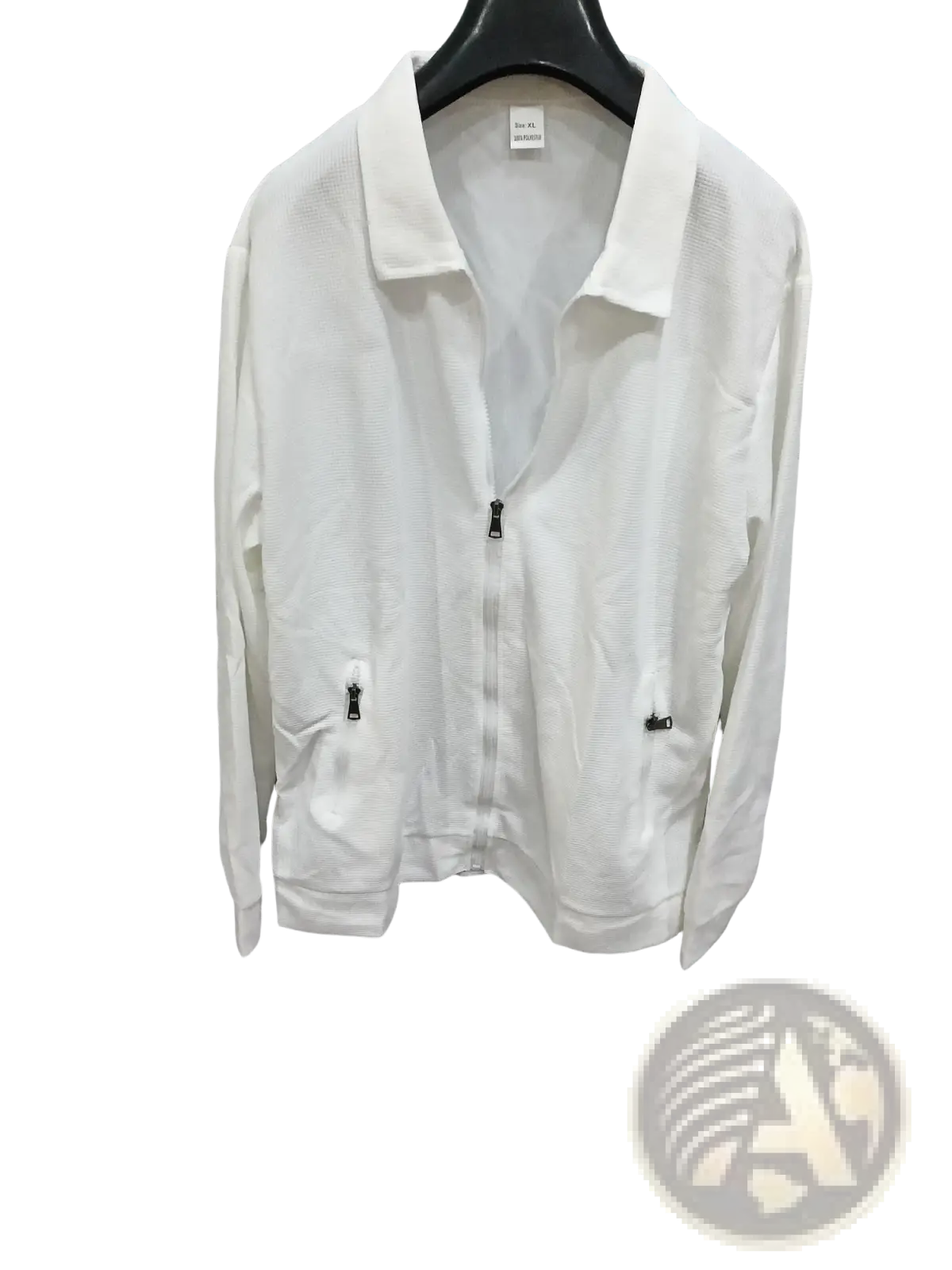 Men waffle knit zip cardigan jacket in white with textured fabric and black zipper accents