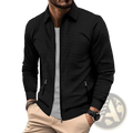Men waffle knit zip cardigan jacket in black textured fabric with subtle grid pattern and two side pockets