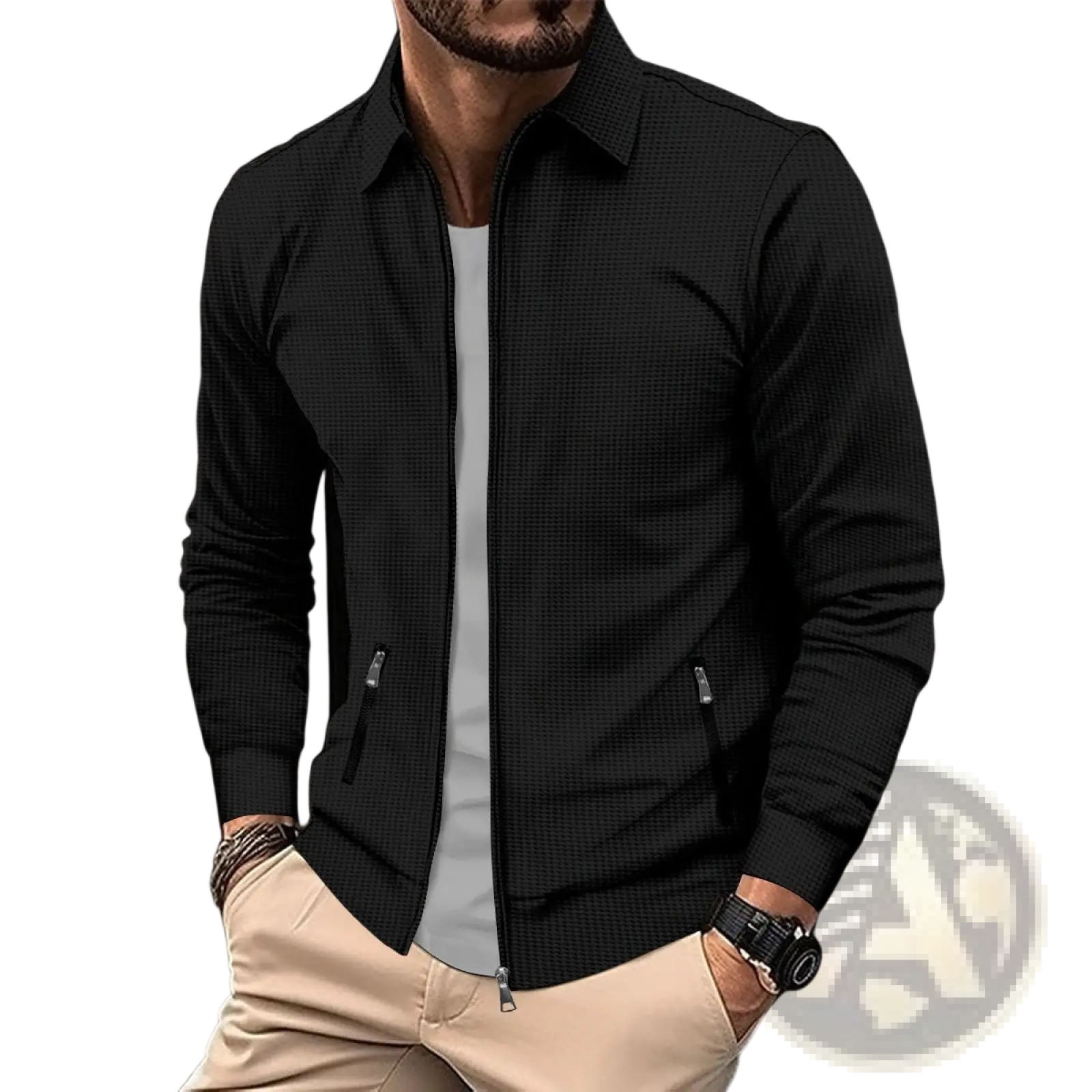 Men waffle knit zip cardigan jacket in black textured fabric with subtle grid pattern and two side pockets