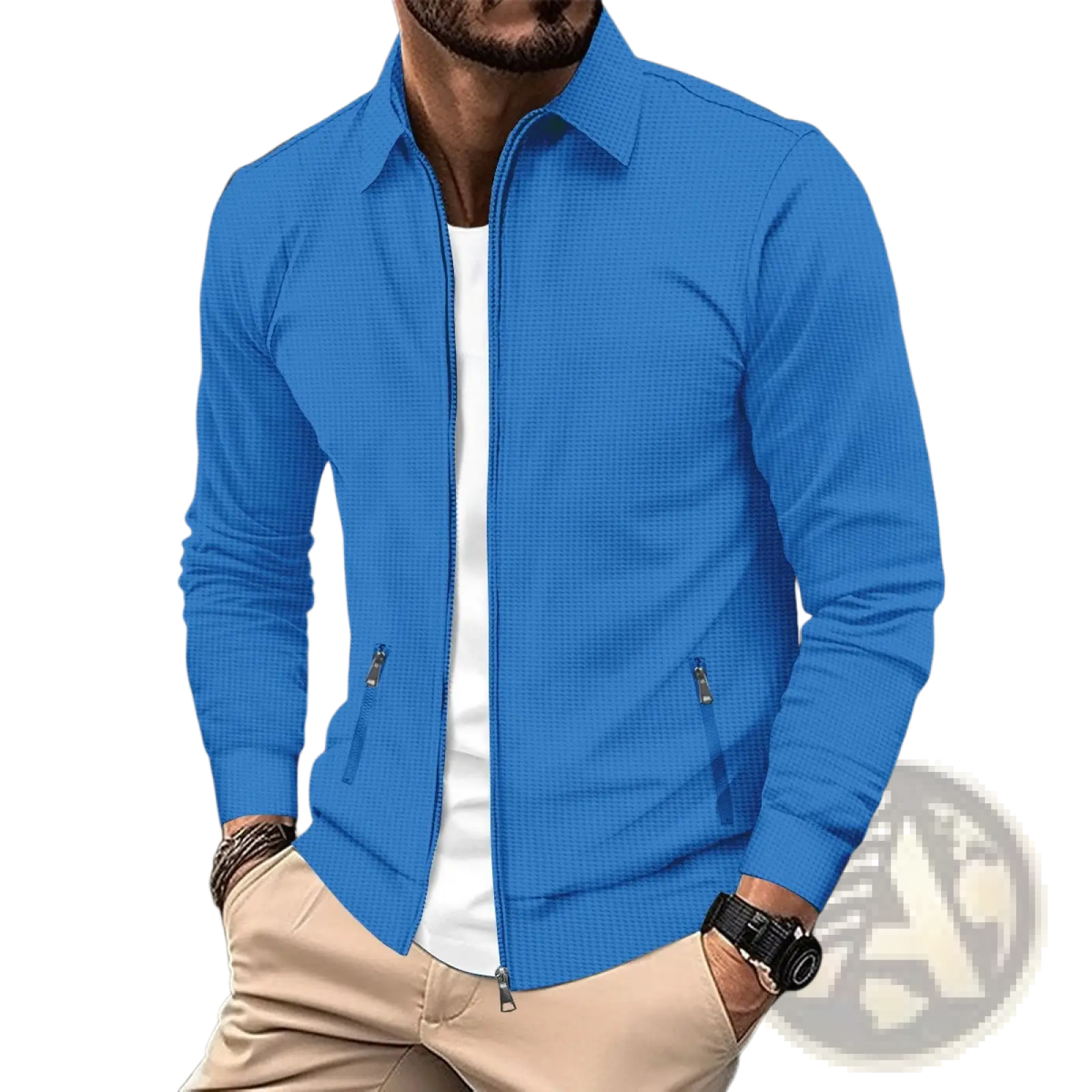 Men waffle knit zip cardigan jacket in vibrant blue with textured grid pattern and sleek silver zippers