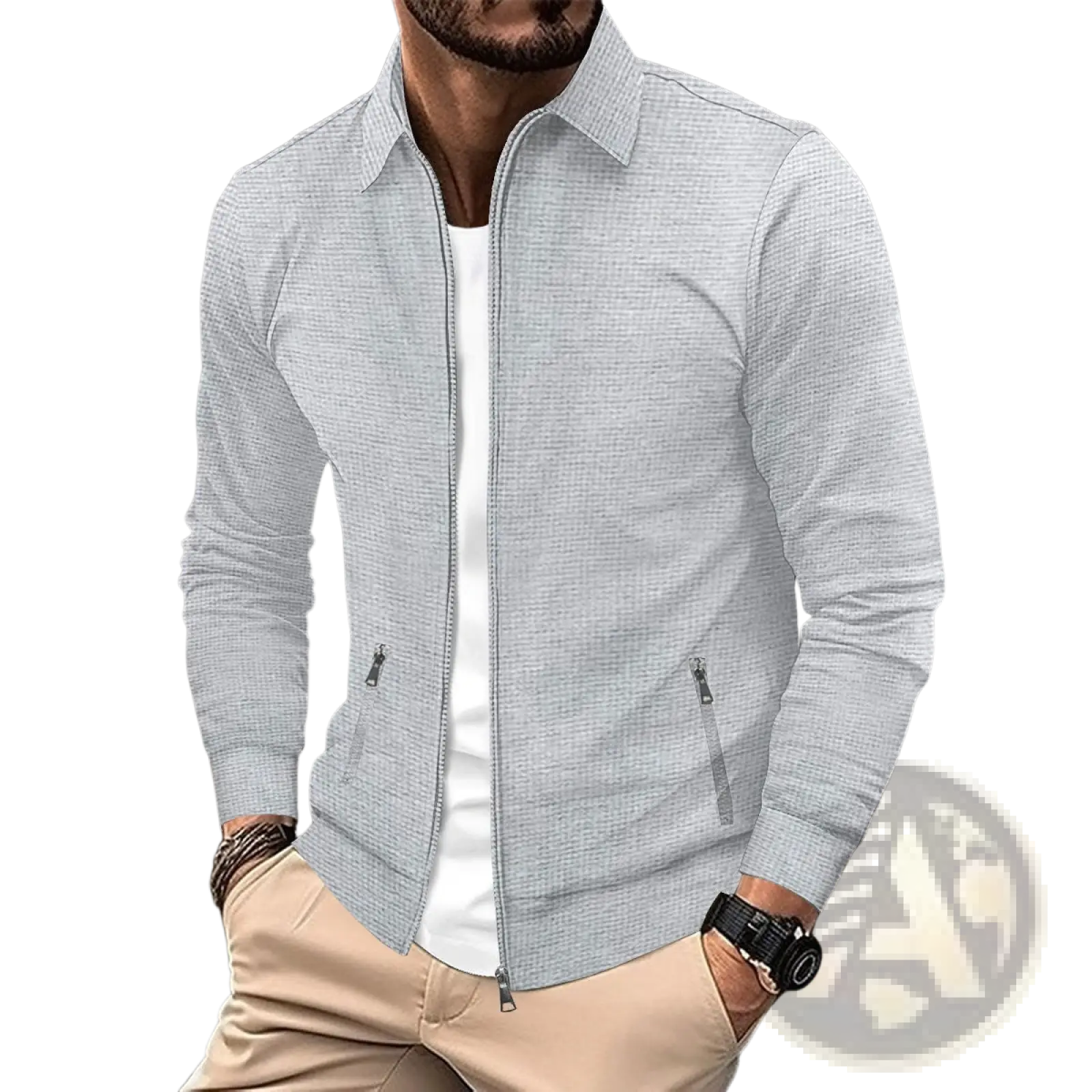 Men waffle knit zip cardigan jacket in light gray with textured fabric subtle pattern and two side pockets