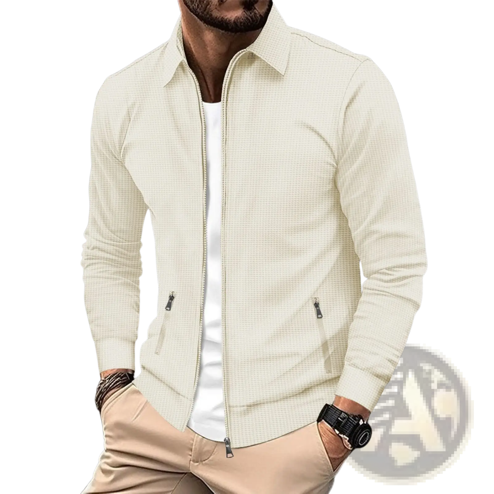 Men waffle knit zip cardigan jacket in cream with textured waffle knit fabric, subtle grid pattern, and side pockets