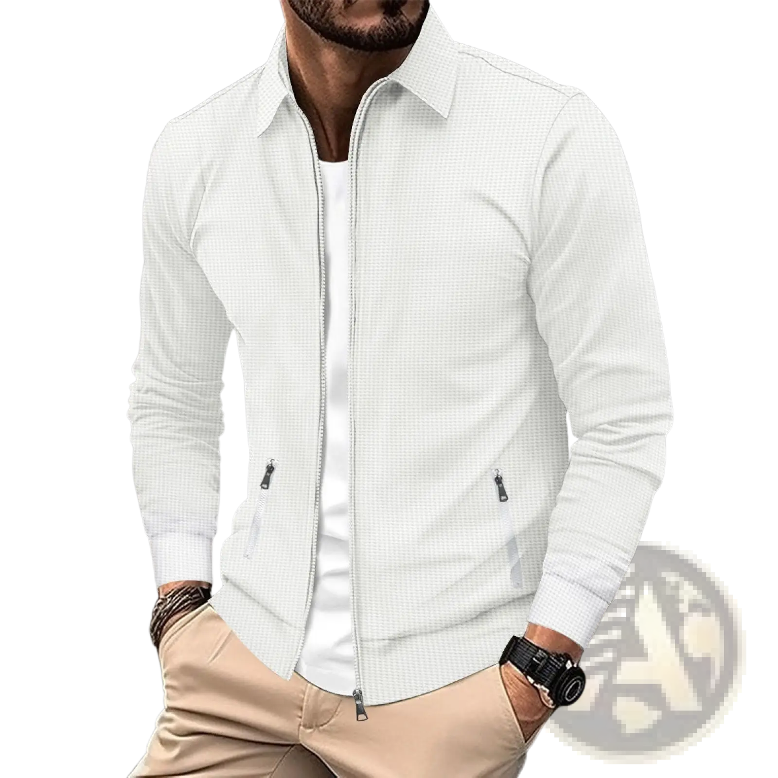 Men waffle knit zip cardigan jacket in white checkered pattern with collar and two side pockets